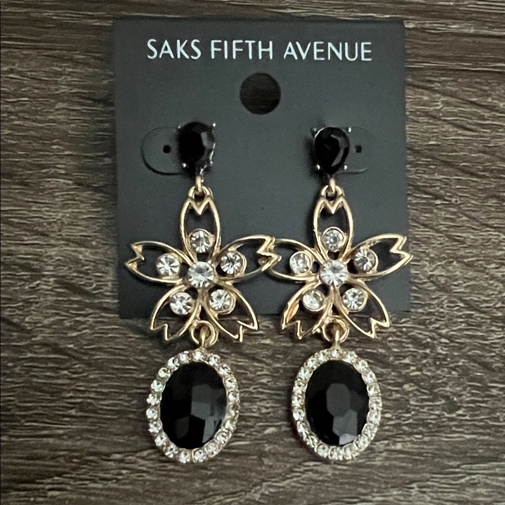 Saks Fifth Avenue Black and Gold Floral Earrings